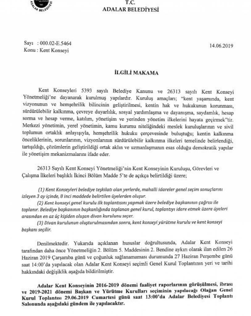 ADALAR KENT KONSEYİ SEÇİMLİ GENEL KURULU HAKKINDA DUYURU