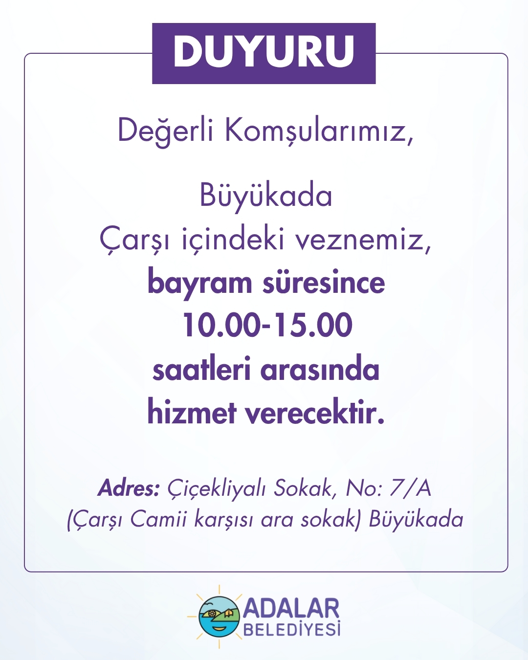 Çarşı Veznemiz Bayram Süresince Açık